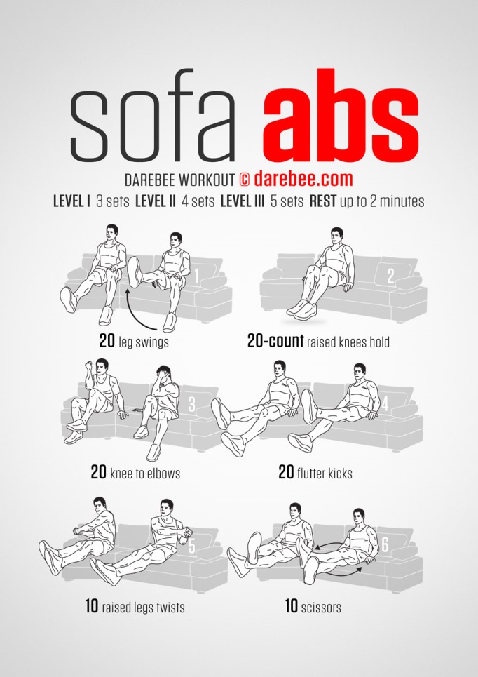 An infographic titled Sofa Abs by darebee.com.  Each exercise has two drawings of a figure seated on a couch performing the exercise.