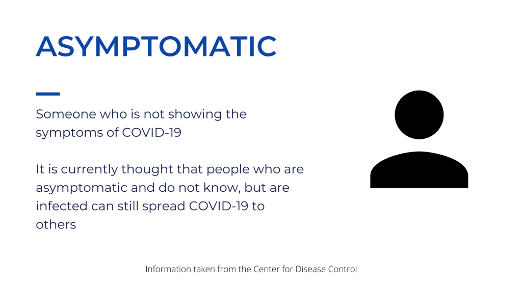  Asymptomatic: Someone who is not showing the symptoms of COVID-19. It is currently thought that people who are asymptomatic and do not know, but are infected can still spread COVID-19 to others. 