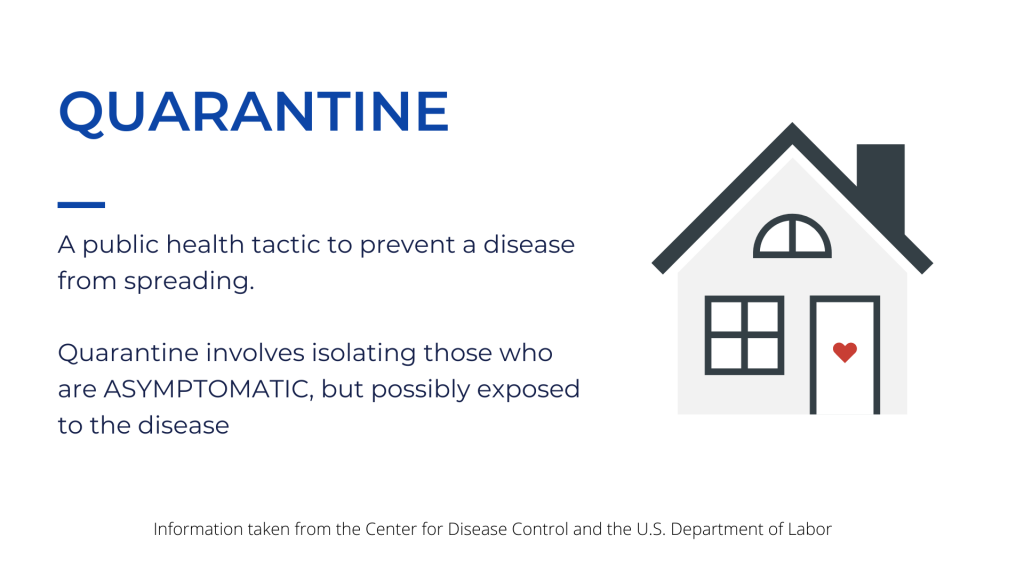 Quarantine: A public health tactic to prevent a disease from spreading. Quarantine involves isolating those who are ASYMPTOMATIC, but possibly exposed to the disease