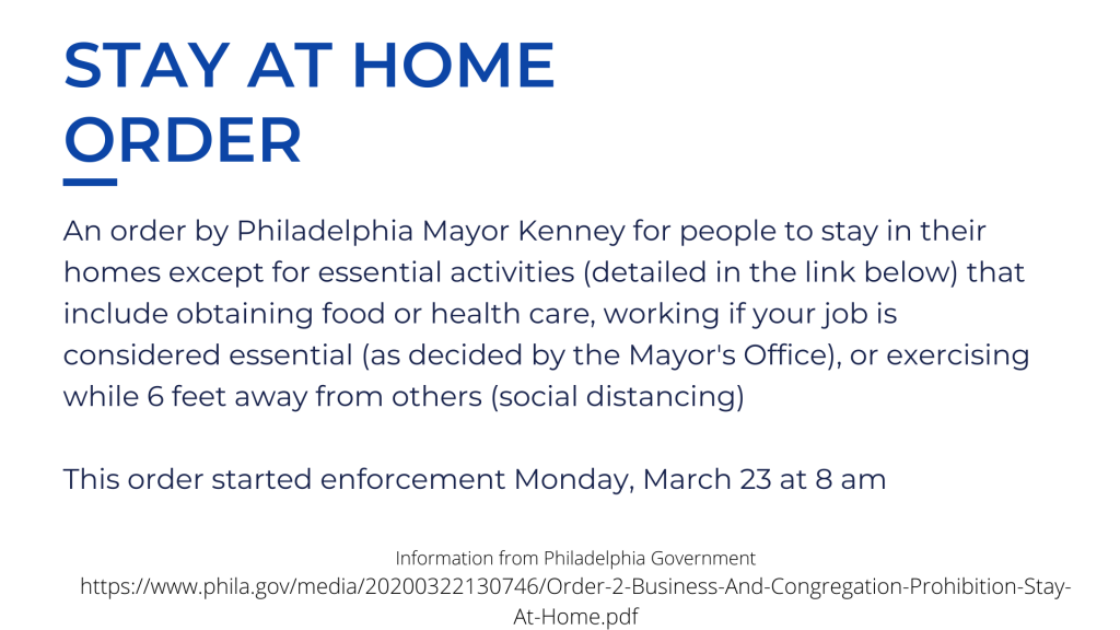 Stay at home order: An order by Philadelphia Mayor Kenney for people to stay in their homes except for essential activities (detailed in the link below) that include obtaining food or health care, working if your job is considered essential (as decided by the Mayor's Office), or exercising while 6 feet away from others (social distancing). This order started enforcement Monday, March 23 at 8 am