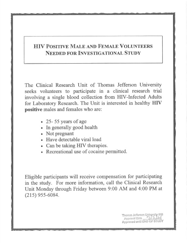 HIV Positive Male and Female Volunteers Needed for Investigational Study